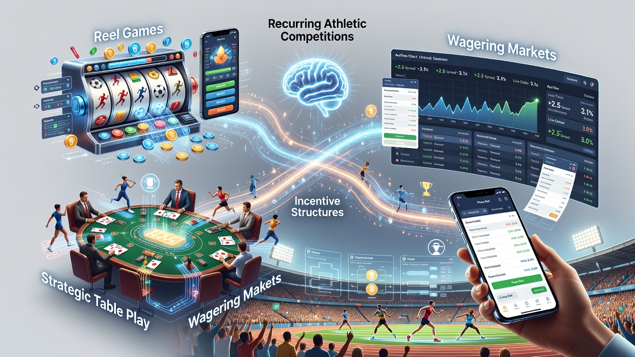 Mobile Casino-Plattform mit verknüpften Slot-, Tisch- und Sportwetten-Elementen während eines Sportereignisses