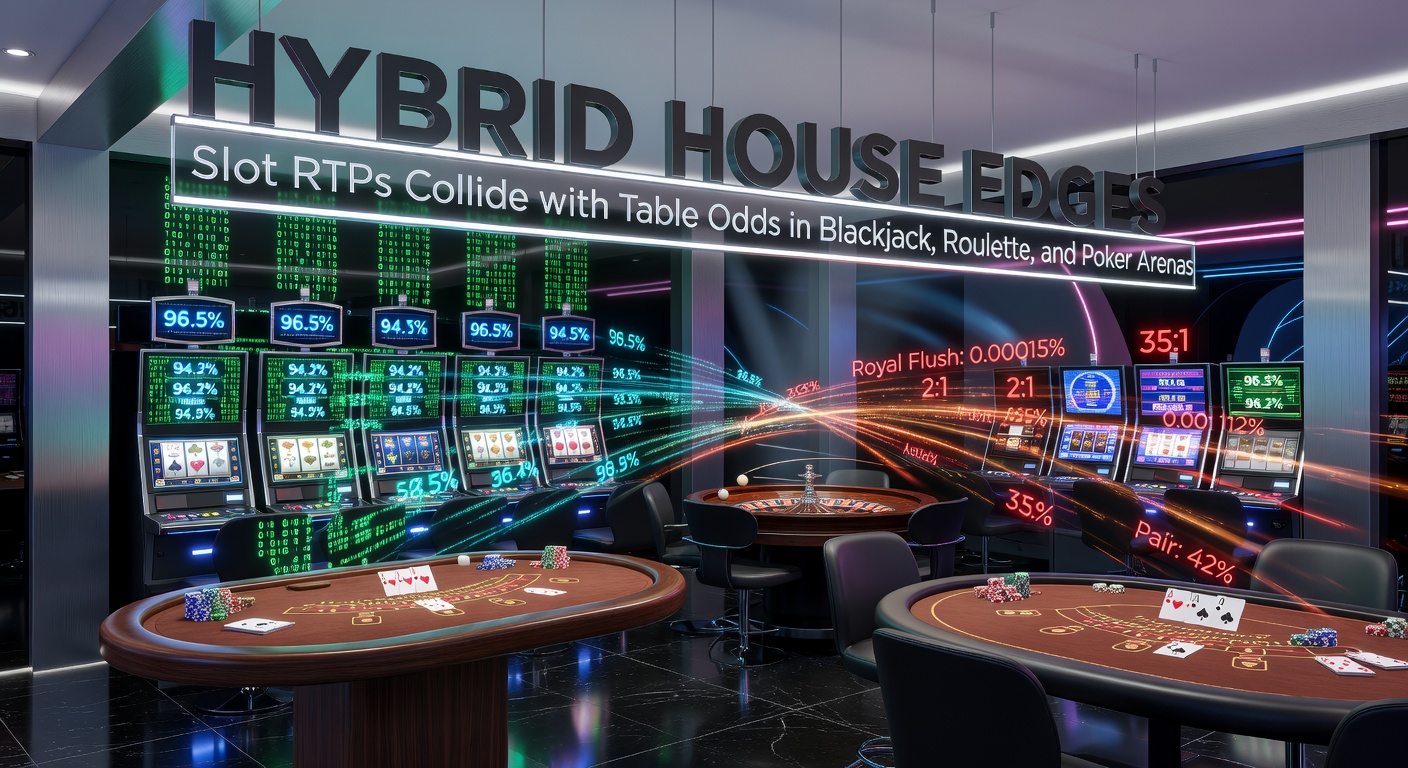 Grafik zeigt kollidierende Slot-RTPs und Tischquoten in hybriden Casino-Spielen mit Blackjack-, Roulette- und Poker-Elementen
