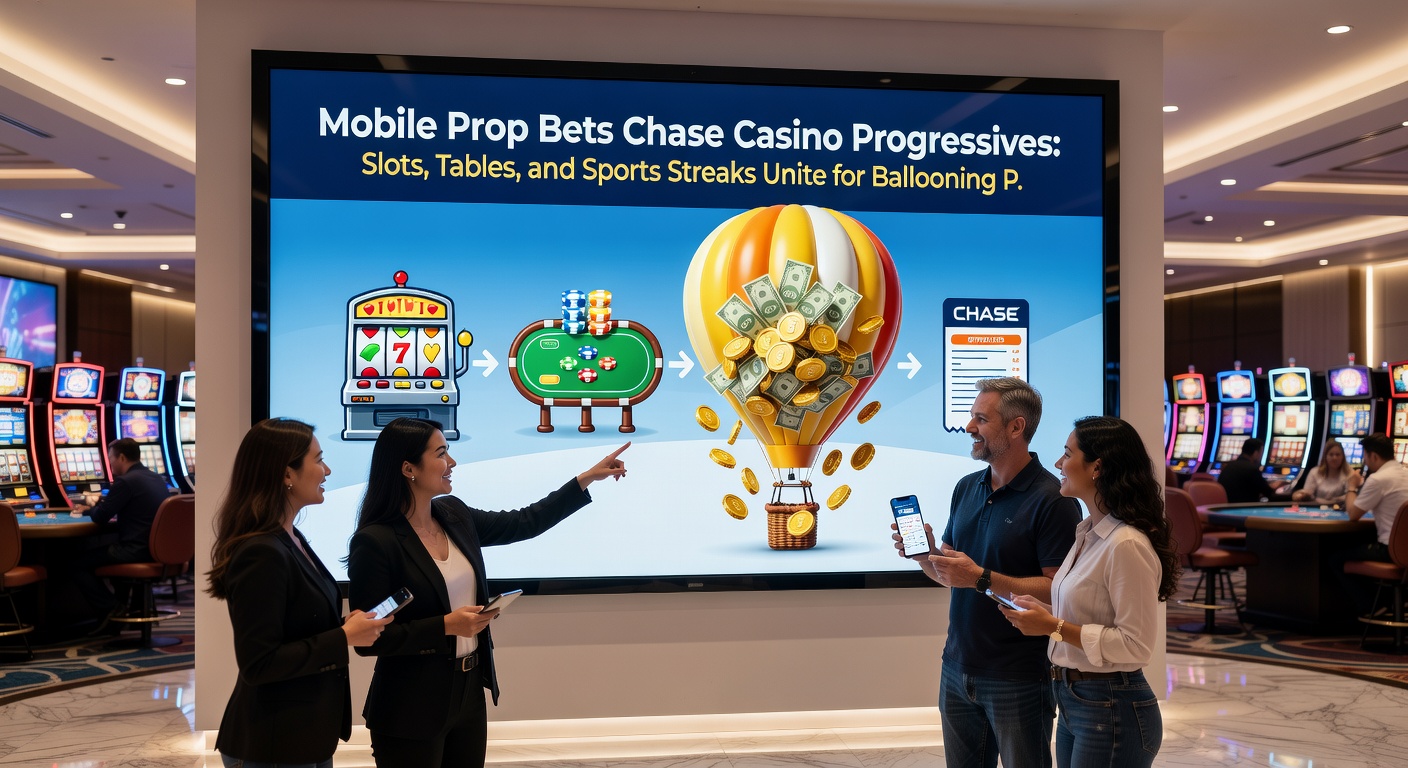 Grafik mit verbundenen Icons für Slots, Tischspiele und Sportwetten, die zu einem zentralen Progressiven-Jackpot führen, umgeben von mobilen Prop-Bet-Optionen