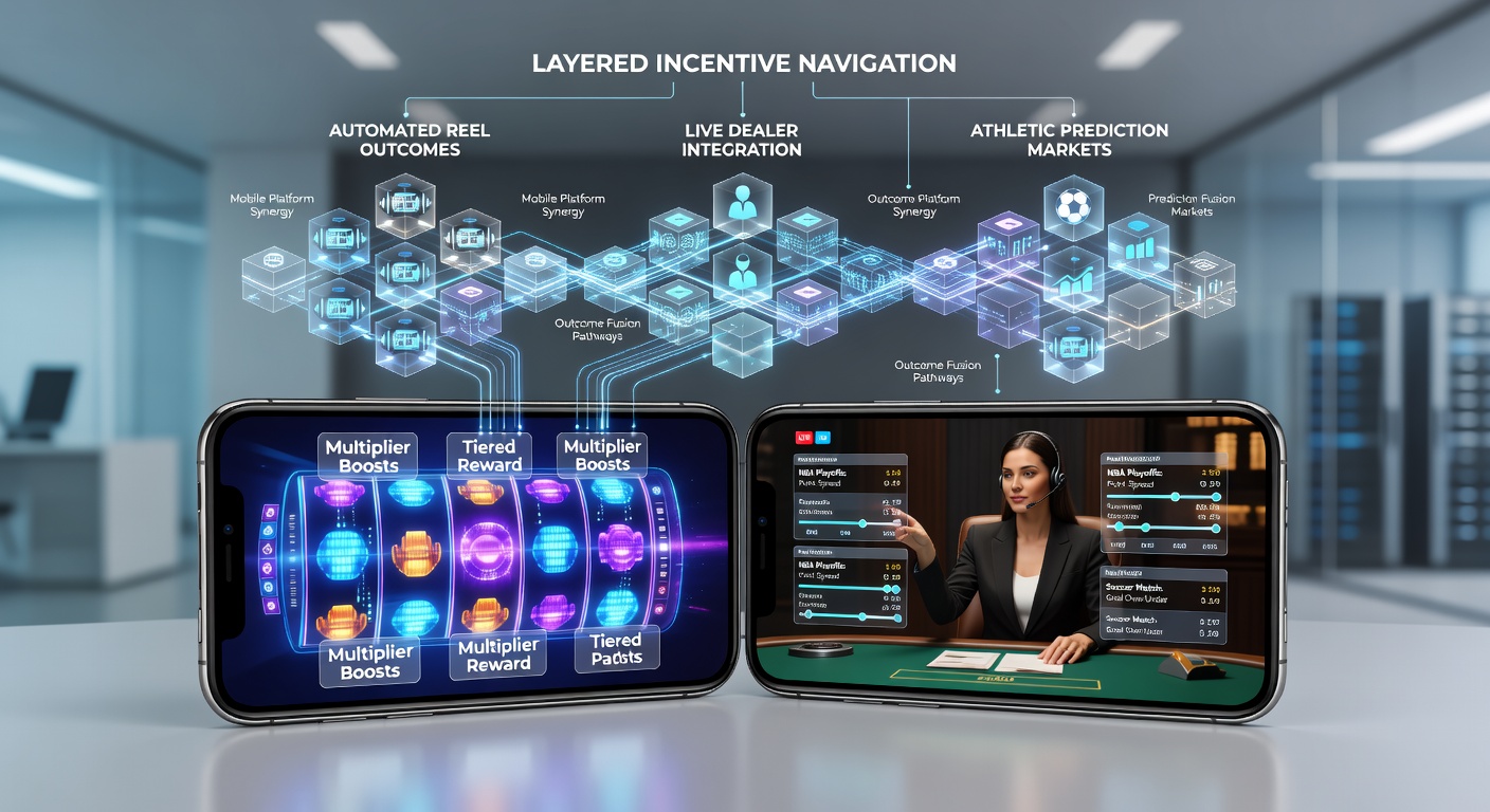 Mobile App-Oberfläche zeigt integrierte Slot-Symbole, Live-Dealer-Tisch und Sportwetten-Statistiken nebeneinander