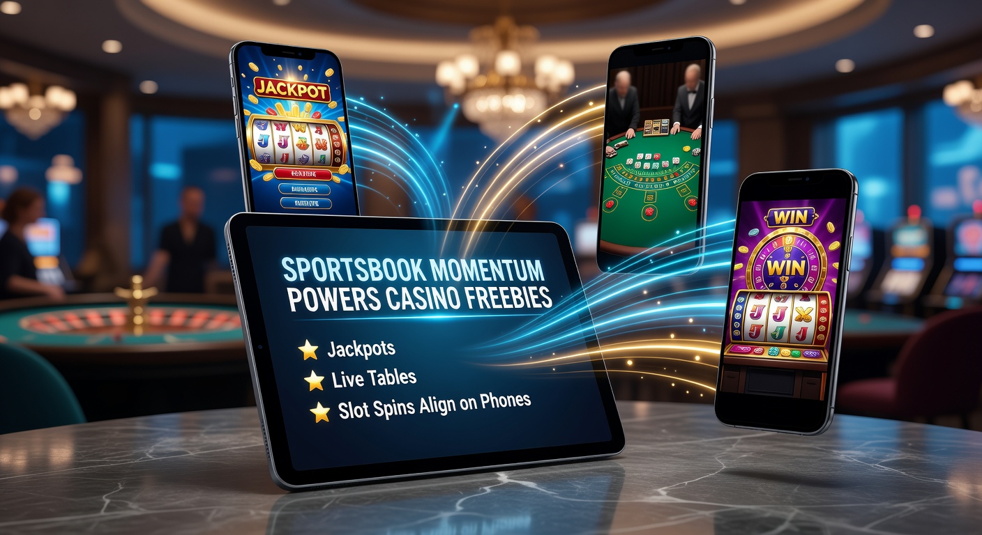 Smartphone mit Sportsbook-Wetten und Casino-Jackpots im Vordergrund, umgeben von dynamischen Slot-Drehen und Live-Tisch-Streams