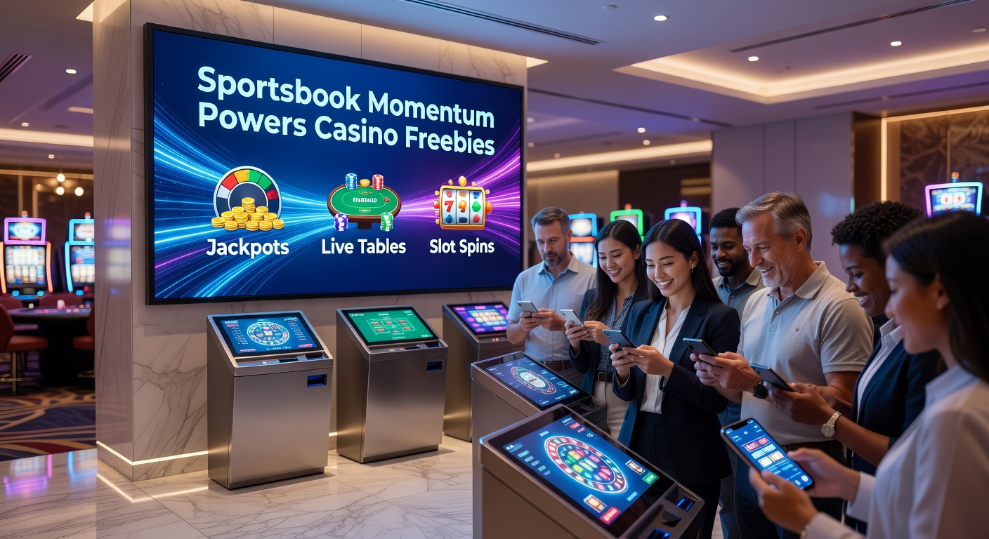 Dynamische Grafik eines Smartphones mit überlagerten Sportsbook-Charts, explodierenden Jackpots und Live-Table-Interfaces
